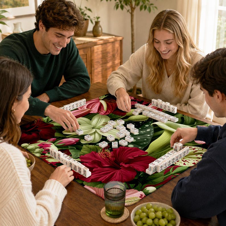 May include: A square mahjong mat featuring a vibrant tropical print with large red hibiscus flowers, green monstera leaves, and pink floral accents. The mat is covered with white rectangular mahjong tiles arranged in rows and scattered groups.