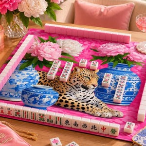 May include: A mahjong mat featuring a vibrant pink background with illustrations of pink peonies and blue and white porcelain vases. A central leopard figure is surrounded by scattered mahjong tiles, with additional tiles forming a border.