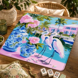 Coastal Heron Chinoiserie Mahjong Mat, Pink Peony Game Mat, Palm Beach Decor - SHIP Rolled up