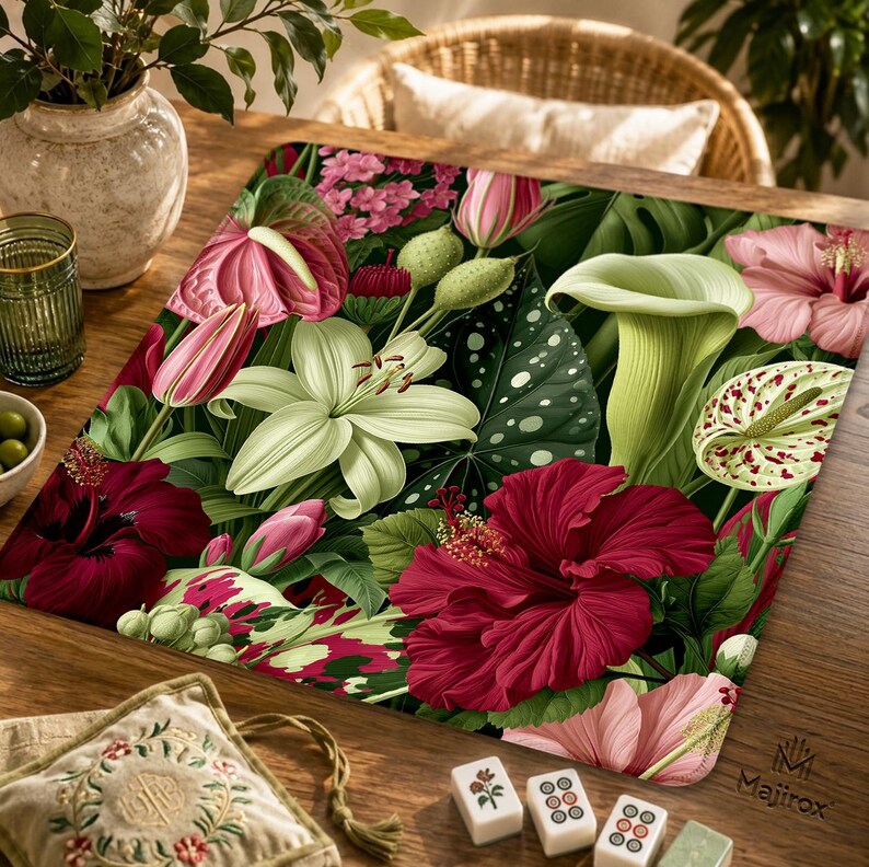 May include: A square mat featuring a vibrant botanical print of deep red hibiscus, pale green calla lilies, white lilies, and pink anthuriums set against a backdrop of dark green foliage with white spots and various flower buds.