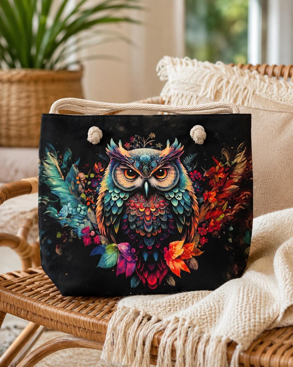 Mystic Owl Tote Bag, Waterproof Nubuck Shoulder Purse, Boho Floral Beach Bag