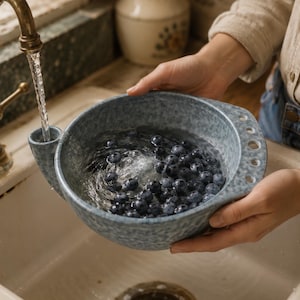 Pode incluir: Uma tigela escorredora de cerâmica azul salpicada com uma alça lateral contendo orifícios de drenagem integrados e um bico, sendo enchida com mirtilos frescos sob uma torneira de cozinha de latão.