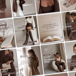 Könnte beinhalten: Eine Sammlung von Social-Media-Marketing-Vorlagen in einer neutralen Farbpalette aus Braun, Beige und Weiß. Die Bilder zeigen verschiedene Layouts mit Textüberlagerungen, professionellen Fotos von Personen in Businesskleidung und Büchern.