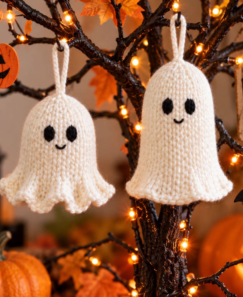 May include: Two off-white knitted ghost ornaments with black yarn eyes and a small stitched smile. Each ghost has a loop at the top for hanging and a flared, wavy bottom edge. The texture is consistent with hand-knitted yarn, creating a soft appearance.