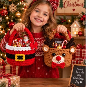 May include: Two round crochet baskets, one designed as a red Santa suit with a black belt and yellow buckle, and the other as a brown reindeer with dark antlers, a white muzzle, a red nose, and a red bow tie, both filled with assorted holiday treats.