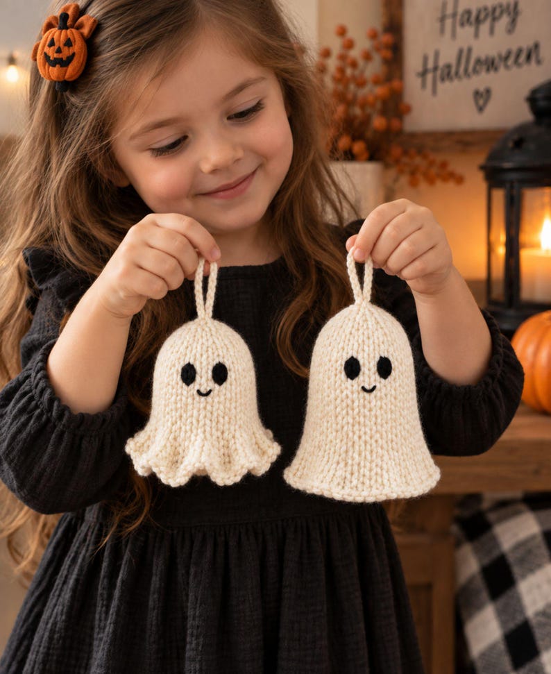 May include: Two off-white knitted ghost ornaments featuring black embroidered eyes and a small smile. Each ghost has a small loop at the top for hanging. The texture of the yarn is visible, showing a simple knit stitch pattern on both figures.