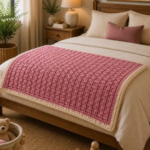 May include: A rectangular crochet blanket featuring a textured basketweave pattern in a deep rose pink colour, finished with a wide, solid cream-coloured border. The blanket is draped across the centre of a bed, showcasing its thick, yarn-based construction.