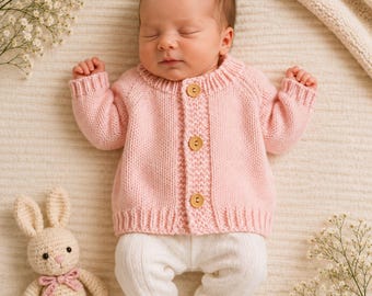 May include: A pale pink knitted long-sleeve cardigan featuring three round wooden buttons down the centre front, paired with white knitted footed leggings. A small cream-coloured crocheted rabbit toy with a pink bow sits beside the clothing.