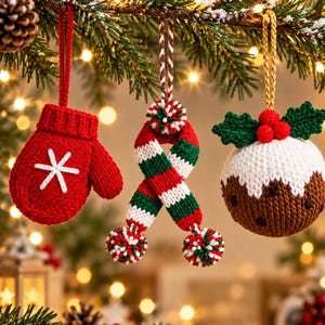 Peut inclure: Trois décorations de Noël suspendues : une moufle en tricot rouge avec un flocon blanc, une écharpe en tricot rayée rouge, blanche et verte avec des pompons, et un pudding en tricot marron et blanc surmonté de feuilles vertes et de baies rouges.