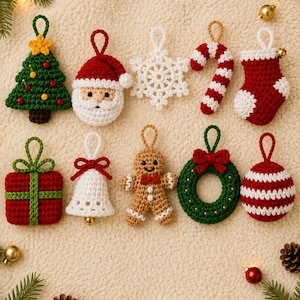 May include: A collection of ten crocheted Christmas ornaments including a green tree, Santa Claus face, white snowflake, candy cane, red stocking, red gift box, white bell, gingerbread person, green wreath, and a red and white striped ball.
