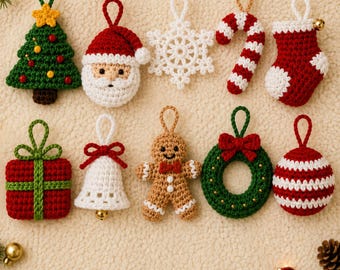 May include: A collection of ten crocheted Christmas ornaments including a green tree, Santa Claus face, white snowflake, candy cane, red stocking, red gift box, white bell, gingerbread person, green wreath, and a red and white striped ball.