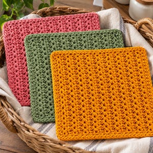 May include: Three square crochet washcloths in solid colors of dusty rose, sage green, and mustard yellow. Each washcloth features a repeating vertical textured stitch pattern with a dense, woven construction and finished edges.