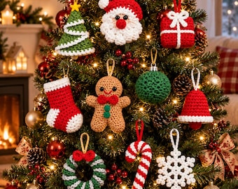 May include: A collection of ten handmade crochet Christmas ornaments hanging on a pine tree, including a Santa Claus, a gingerbread person, a red stocking, a green ball, a red gift box, a candy cane, a wreath, a snowflake, a bell, and a tree.