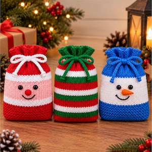 Patrón de punto en PDF / Bolsa de regalo navideña / Santa Claus, muñeco de nieve y bolsas de regalo navideñas