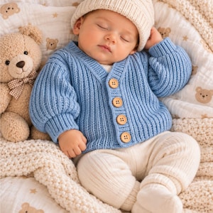 Può includere: Un bambino indossa un cardigan in maglia a coste azzurro con quattro bottoni in legno, leggings in maglia a coste color crema e un berretto in maglia color crema con pompon. Un orsacchiotto di peluche siede accanto al bambino su una coperta.