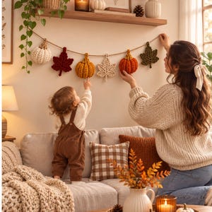 May include: A decorative garland featuring alternating crocheted pumpkins and autumn leaves in shades of cream, dark red, mustard yellow, orange, and olive green, suspended on a simple twine string against a neutral wall for seasonal decor.