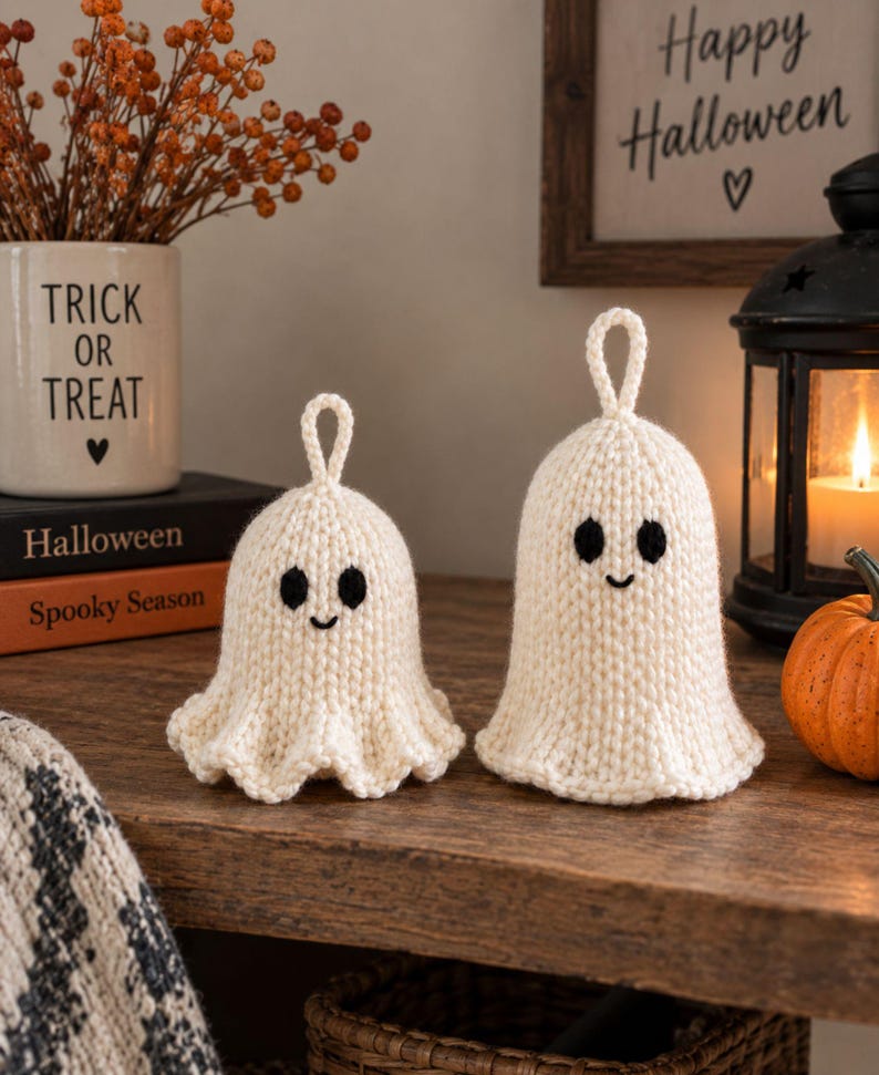 May include: Two off-white crocheted ghost ornaments with black yarn eyes and a small stitched smile. Each ghost features a loop at the top for hanging and a flared, wavy bottom edge. The ghosts are crafted from a textured yarn in a knit-like pattern.