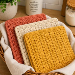 May include: Three square crochet potholders in terracotta, cream, and mustard yellow colors. Each potholder features a textured, repeating vertical stitch pattern with a ribbed design. The items are stacked neatly inside a woven wicker basket.