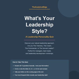Könnte beinhalten: Digitalgrafik mit dem Text "What's Your Leadership Style?" und "A Leadership Personality Quiz". Das Quiz soll helfen, Ihren natürlichen Führungsansatz zu entdecken, einschließlich The Visionary, The Coach, The Commander oder The Servant Leader.
