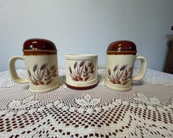 Vintage 70s Stoneware Salt & Pepper Shaker with Small Container  – Wheat Floral Glaze, Autumn Harvest Decor