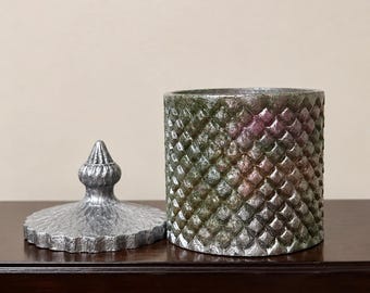 Textured Resin Jar with Lid | Green Silver Mauve Decorative Vanity Storage Container