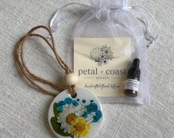 Pressed Flower Clay Car Diffuser | Essential Oil Air Freshener | Floral Car Charm