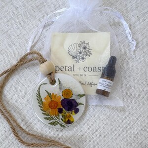 Pressed Flower Clay Diffuser | Car Rearview Mirror Air Freshener | Essential Oil Charm | Botanical Floral Decor