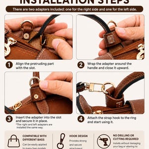 Puede incluir: Un gr&aacute;fico instructivo que muestra cuatro pasos para instalar adaptadores de bolso de cuero marr&oacute;n. Los pasos demuestran alinear, envolver, asegurar y colocar un gancho de correa en un anillo de metal. El texto incluye INSTALLATION STEPS, COMPATIBLE WITH DIFFERENT BAGS, HOOK DESIGN y NO DRILLING OR CUTTING REQUIRED.