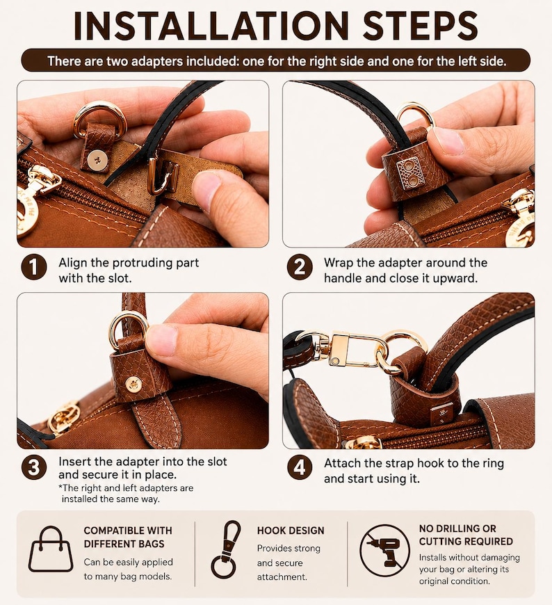 Puede incluir: Un gr&aacute;fico instructivo que muestra cuatro pasos para instalar adaptadores de bolso de cuero marr&oacute;n. Los pasos demuestran alinear, envolver, asegurar y colocar un gancho de correa en un anillo de metal. El texto incluye INSTALLATION STEPS, COMPATIBLE WITH DIFFERENT BAGS, HOOK DESIGN y NO DRILLING OR CUTTING REQUIRED.