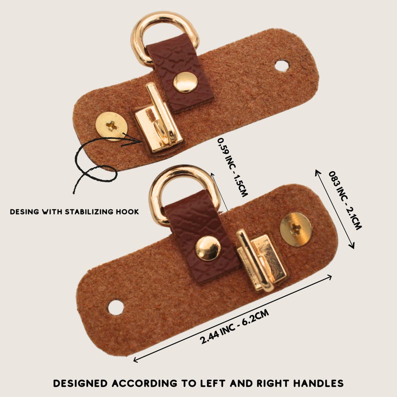 Puede incluir: Dos leng&uuml;etas de cuero sint&eacute;tico marr&oacute;n con anillos en D dorados, ganchos estabilizadores y tornillos. Dimensiones: 0,59 pulgadas por 1,5 cm, 0,83 pulgadas por 2,1 cm y 2,44 pulgadas por 6,2 cm. Texto: DESIGN WITH STABILIZING HOOK y DESIGNED ACCORDING TO LEFT AND RIGHT HANDLES.