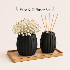 Lyxig vas och diffusor i STL-format | 3D-utskriftsfiler för modern heminredning | Minimalistisk räfflad vas | Kommersiellt bruk ingår