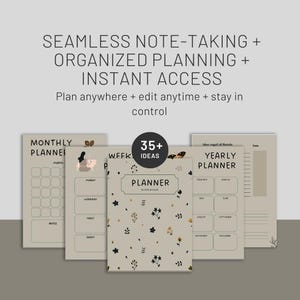May include: A collection of beige planners with floral and butterfly designs. The planners include monthly, weekly, and yearly layouts. Text on the image reads "Seamless Note-Taking + Organized Planning + Instant Access."