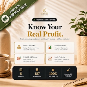 May include: An image promoting the Shopify Profit Suite, a professional spreadsheet for Shopify sellers. The graphic includes the text "Know Your Real Profit" and details features like a profit calculator, scenario tester, ROAS & ad planner, and scale projector. The image also states the suite is 100% automated and beginner friendly.