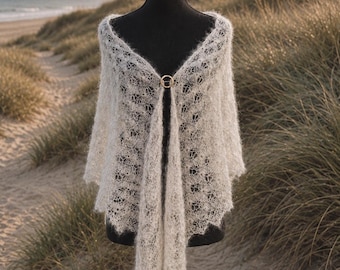 Hand Knit Silk Mohair Shawl in Pearl Sand, Triangle Lace Wrap, Luxury Scandinavian Wedding Shawl, Danish Artisan Knit