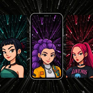 Puede incluir: Tres retratos de dibujos animados estilizados de mujeres con diferentes peinados y atuendos. La imagen central está en la pantalla de un teléfono inteligente. El fondo presenta un efecto de explosión de estrellas. La mujer del centro tiene el pelo morado y una chaqueta amarilla.