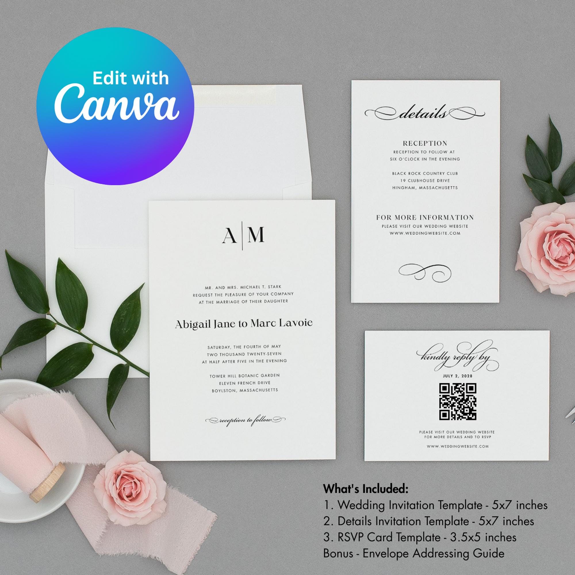 モダンなモノグラムウェディングスイートCanvaテンプレート - 招待状
