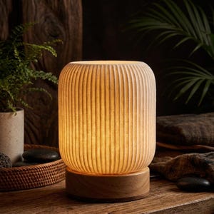 Puede incluir: Una lámpara cilíndrica con detalles acanalados verticales, que emite un brillo cálido. La lámpara se asienta sobre una base de madera, creando un contraste con la pantalla texturizada de color blanquecino. Es un elemento decorativo para el hogar.