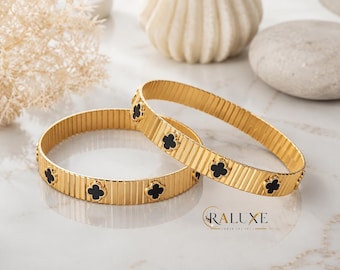 Gold Clover Bangles | White Black Minimalist Bracelet | Elegant Stainless Steel Jewelry