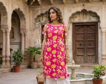 pink Cotton Kurti, Floral ajrakh Print, Indian Ethnic Tunic, Modest Office Wear