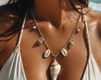 Gold Charm Necklace | Layered Chain, Celestial Pendants, Summer Beach Jewelry