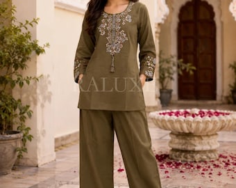 Embroidered Kurti Pant Set, Ethnic Co-ord Summer Outfit