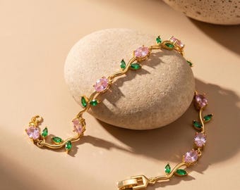 18K Plated Tulip Floral Bracelet, Pink Cubic Zirconia, Fairytale Inspired Jewelry