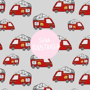 May include: A repeating pattern of red fire trucks with white ladders and yellow lights on a light gray background. A large pink circle in the center displays the white text SENA ILLUSTRATED, partially obscuring the fire truck pattern behind it.