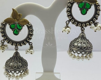 Boho Brass Jhumka Earrings: Green Stone, Pearl Fringe, Dual-Tone Finish