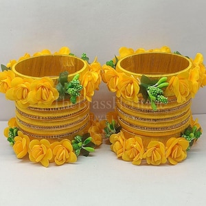 Yellow Silk Thread Bangle Set, Floral Chura, Haldi Mehndi Wedding Jewelry
