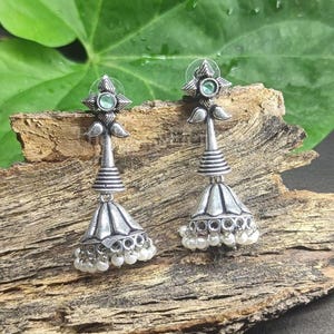 Brass Boho Earrings, Pearl Bell Drops, Oxidized Silver, Handmade Brass