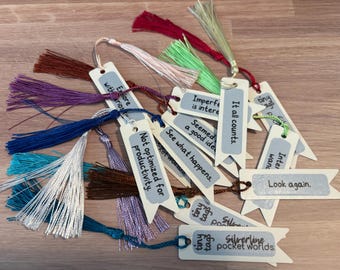 Tiny Tags - Set of 5 Handmade Bookmark Tags: Random Tassels & Tiny Phrases, Cute Gift for Readers and Journal Lovers