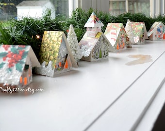 Sweet Little Putz Glitter Houses & Church Village / House Ornaments that Light Up Handmade from Vintage Christmas Cards Unique Decoration