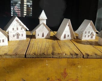 All White Putz Little Glitter House Christmas Village / Handmade White or Silver Glitter & Vintage Mica Flakes