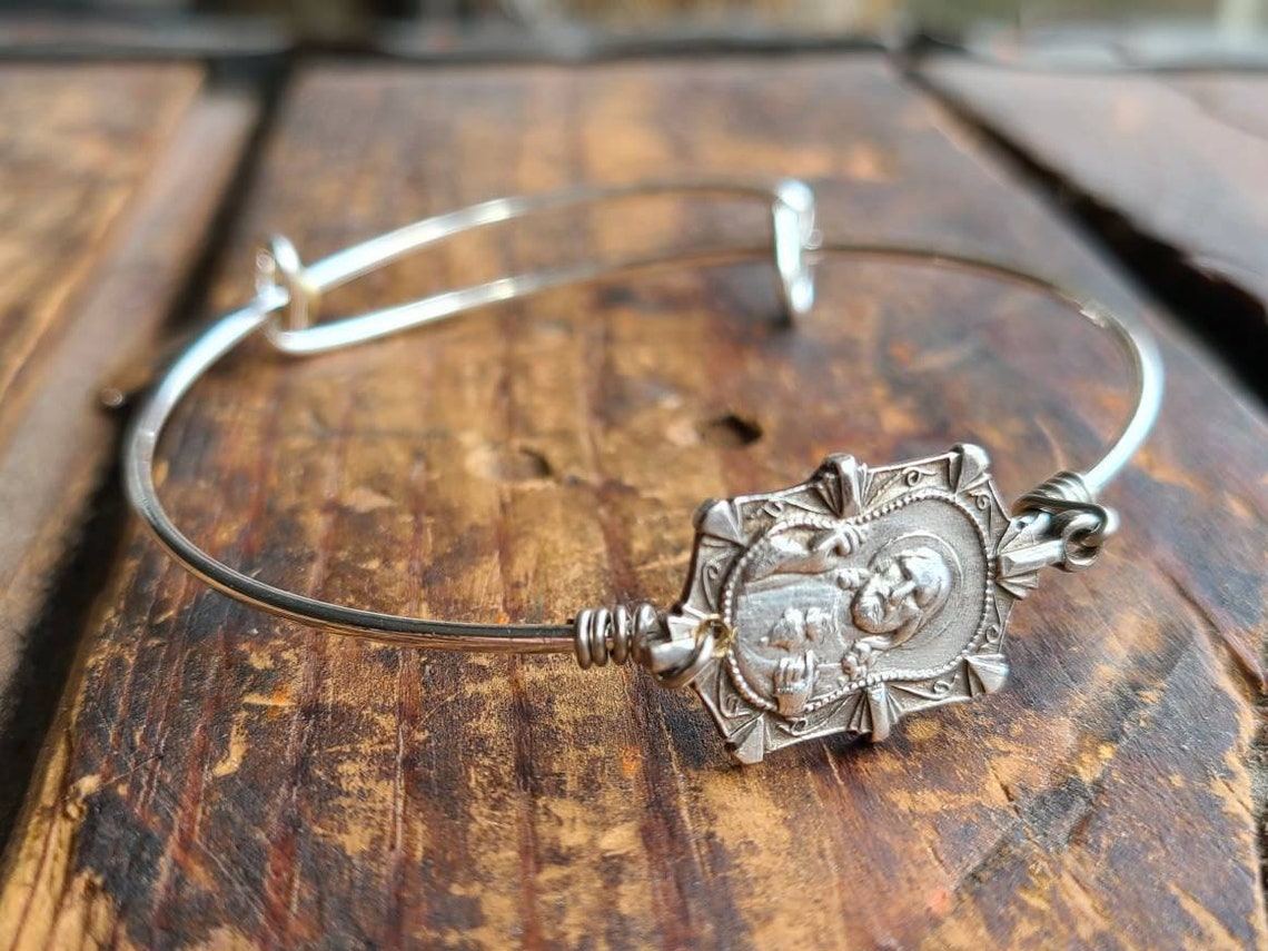 Vintage Religious Medal Expandable Bangle Bracelet Sacred Etsy